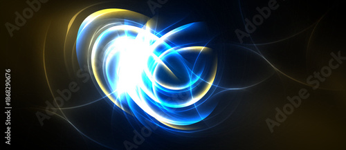 Bright abstract swirls, luminous energy flows. Blue, gold, white light creates dynamic visual impact. Dark background emphasizes glowing forms.