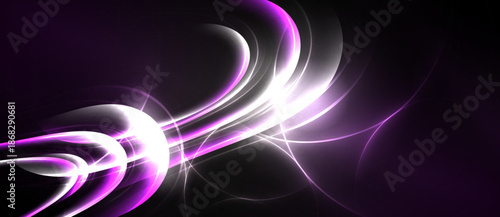 Abstract swirls, purple hues, bright white lines create dynamic energy. Dark background emphasizes luminous curves, flowing shapes.