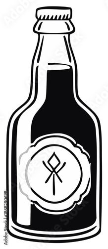 Black and white illustration of a beer bottle with a label