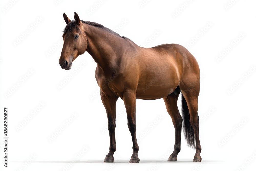 Fototapeta premium Bay sport horse standing in profile on a pure white background