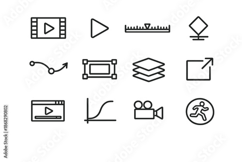 Animation Tools Icons. Video Animation. Line outline icon set of video animation: video clip, play button,