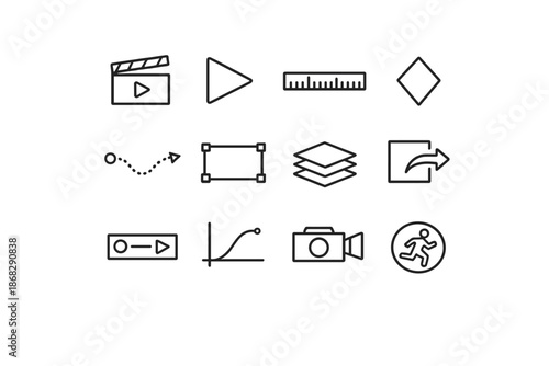 Video Animation Icons. Video Animation. Line outline icon set of video animation: video clip, play button,