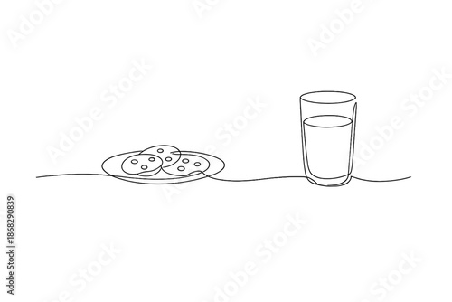 Minimalist Cookies & Milk. Minimal Christmas cookies and milk. Minimalistic one-line drawing clean minimal