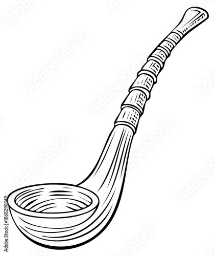Detailed line art illustration of an ornate smoking pipe with distinct bowl and stem