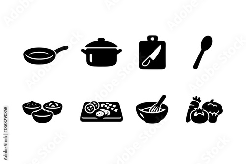 Vegetarian Icon Set. Vegetarian Cooking. Filled icon set of Vegetarian Cooking: frying pan, cooking pot,
