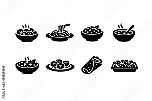Vegetarian Meal Icons. Vegetarian Meals. Filled icon set of Vegetarian Meals: vegetable stir fry, pasta dish,