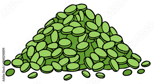 Illustration of a large heap of green, oval-shaped beans or candies with black outlines, overflowing to the bottom.