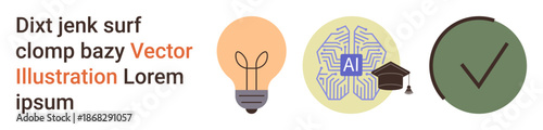 Artificial intelligence, education, creativity, innovation, verification, decision-making. Light bulb, AI chip with a graduation cap and checkmark icons. Artificial intelligence and education