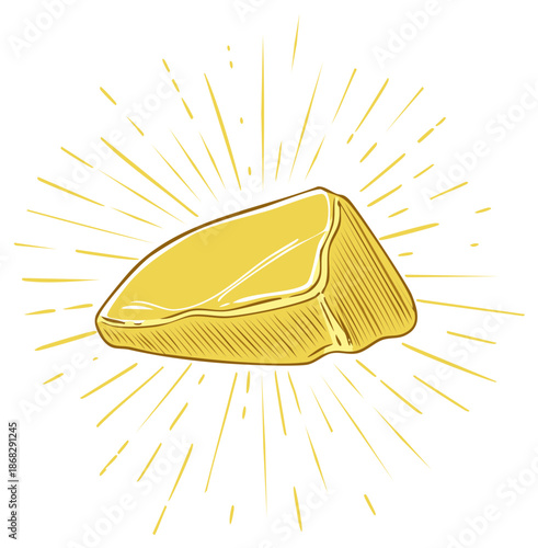 Shiny gold bar drawing with radiant light emanating around, a symbol of wealth, investment, and treasure.
