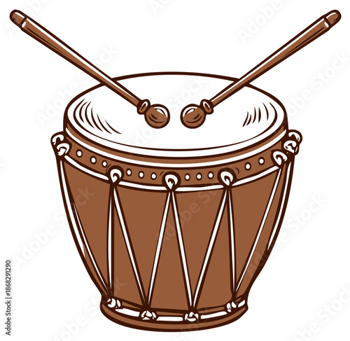 Brown percussion drum with two drumsticks on top, isolated cartoon illustration