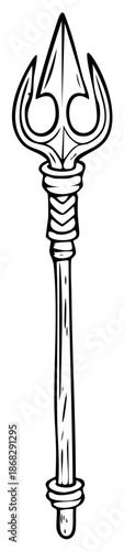 Cartoon drawing of trident. Black and white graphic of fantasy weapon, spear.