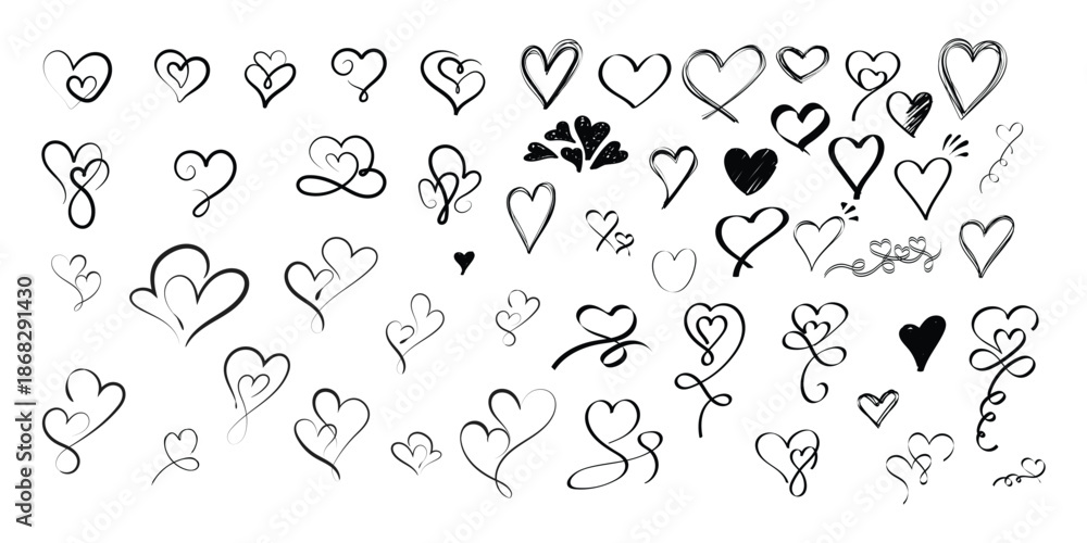 Obraz premium hand drawn heart doodle set with love word on white background. black heart sketch collection with romantic line art elements. love heart outline doodles vector for valentine design [Converted]