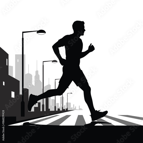 Runner jogging in city street silhouette urban landscape