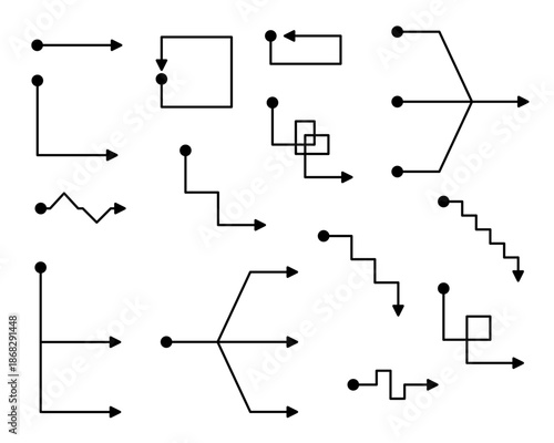 Set of vector flowchart arrow connectors in solid glyph style isolated on white. Geometric algorithm diagram lines for business workflow design.