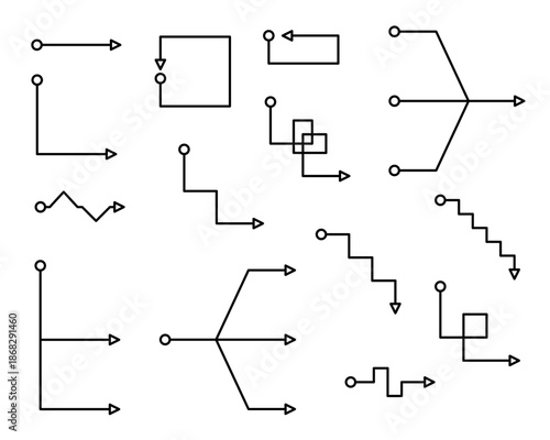 Set of vector schematic node arrows in linear outline style isolated on white. Minimalist geometric connector lines for technical mind map infographics.