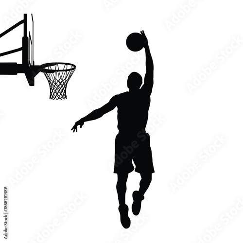 Basketball player jumping for a slam dunk silhouette illustration