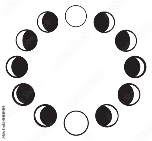 Minimalist line art moon phases set featuring a circular arrangement of lunar stages for astronomy and astrology concepts