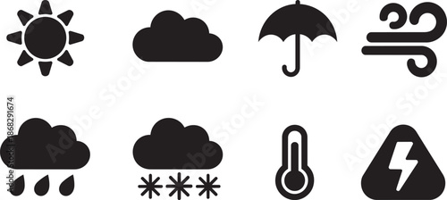 Weather climate forecast icons set. sun cloud umbrella wind rain snow temperature storm warning