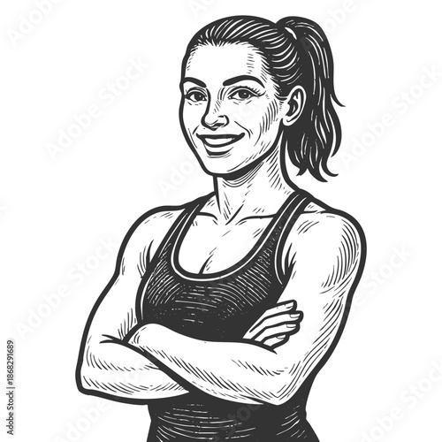 muscular female personal trainer with folded arms, smiling confidently sketch engraving generative ai fictional character vector illustration. Scratch board imitation. Black and white image.