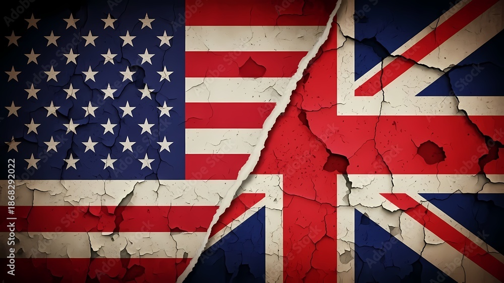 Obraz premium United States and United Kingdom flags displayed together with a cracked effect symbolizing international relations and cultural exchange