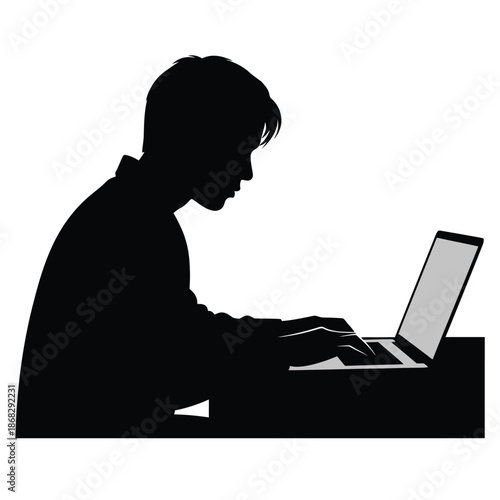 Person working on laptop computer silhouette side view