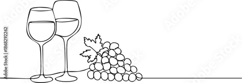 Refined Taste: A minimalist line drawing showcasing the elegance of wine glasses paired with a bunch of grapes, embodying sophistication and appreciation.