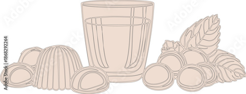 Elegant Still Life: A delicate still life arrangement features a refreshing drink, complemented by charming sweets and fresh leaves. This simple yet captivating scene exudes elegance and tranquility.