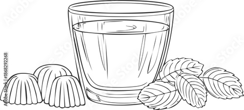  Refreshing Drink and Treats: A delightful arrangement of a glass of refreshing drink, accompanied by delectable treats and fresh leaves, creating a tempting display of simple pleasures. 