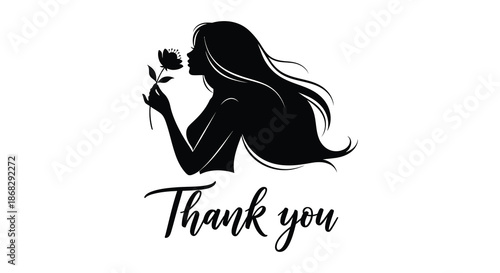Silhouette of a woman smelling a rose with handwritten thank you text