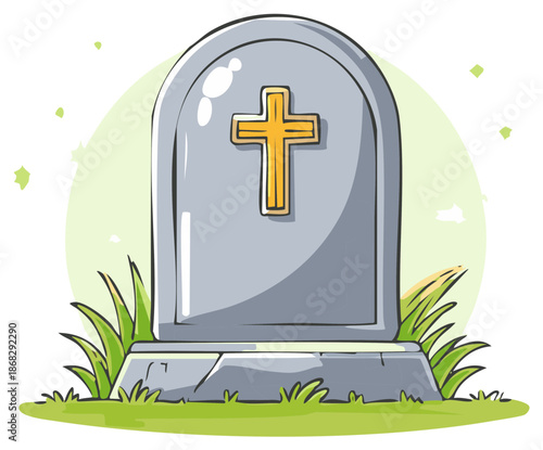 Cartoon style tombstone with golden cross and grass elements for memorial themes