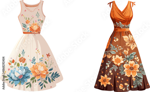 Floral Dresses: A duo of elegant dresses, each a canvas of floral artistry, poised and perfect for warm-weather adventures, are designed with the feminine spirit and a touch of vintage flair.