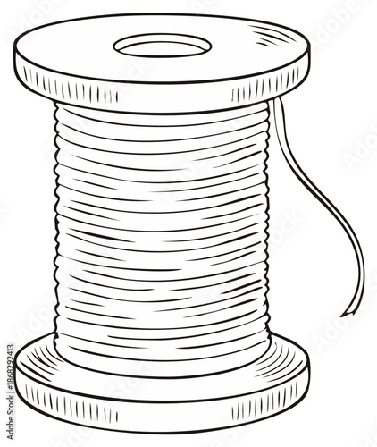 Vintage Style Drawing of a Thread Spool Filled with Numerous Wound Strands of Thread