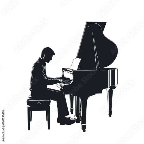 Pianist playing grand piano silhouette side view illustration