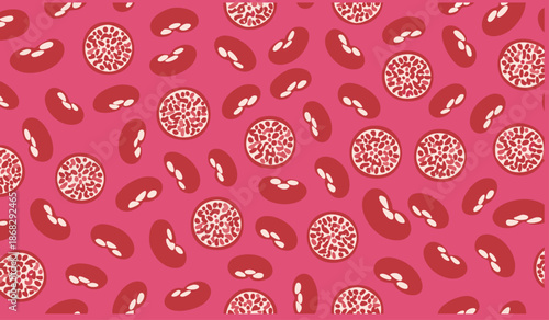 Abstract Pomegranate Pattern: A vibrant and modern design features stylized pomegranate slices scattered across a pink background. A perfect illustration of juicy sweetness.