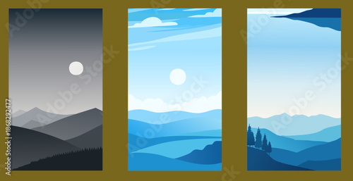 Minimalist Landscape Series: A collection of minimalist landscape illustrations in shades of blue, and gray evoke a sense of calm and tranquility with scenes of mountains, sky, and water. 