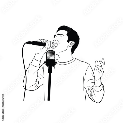 Singer performing song into microphone line art illustration