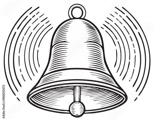 Engraved illustration of a ringing bell with sound wave patterns