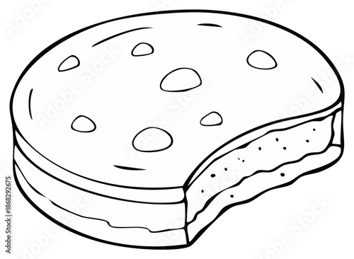 Black and white illustration of a cookie with a bite taken out.