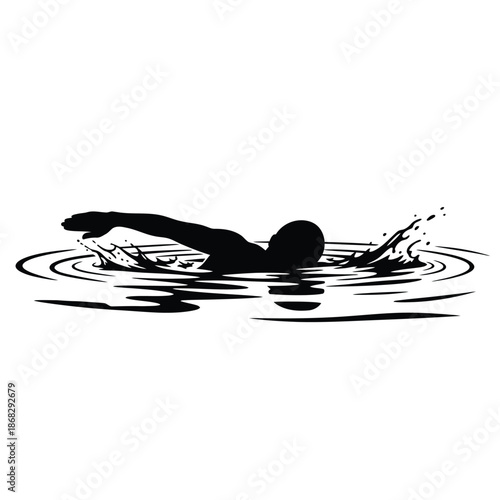 Swimmer silhouette performing crawl stroke in water ripples