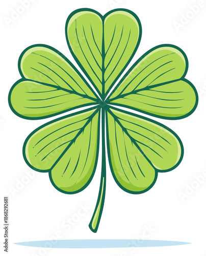 Illustration of a four leaf clover in vibrant green with dark green outline and veins