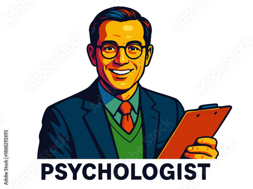 male psychologist wearing glasses, smiling, and holding clipboard . Generative ai vector colorful pop art illustration.