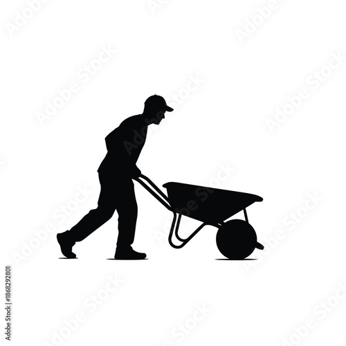 Wheelbarrow man silhouette pushing heavy construction cart vector