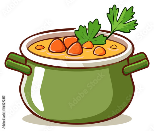 Green cooking pot of homemade carrot soup with parsley garnish illustration
