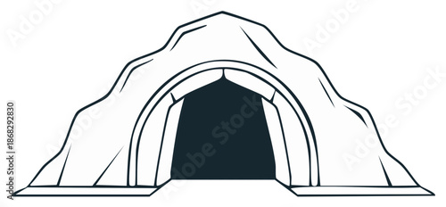 Simple black and white line art illustration of a dark cave entrance or natural rock archway
