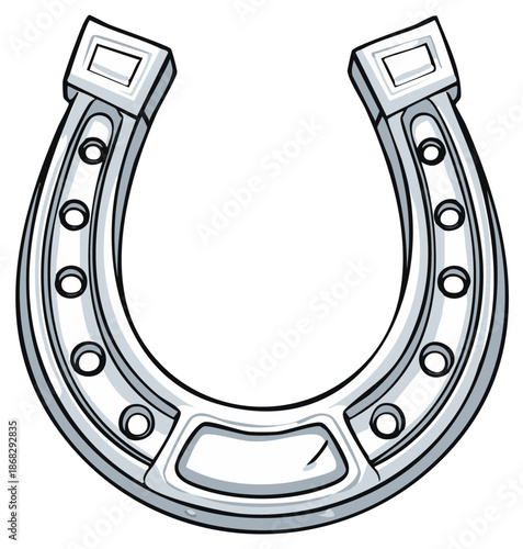 Detailed cartoon illustration of a metallic silver horseshoe good luck charm