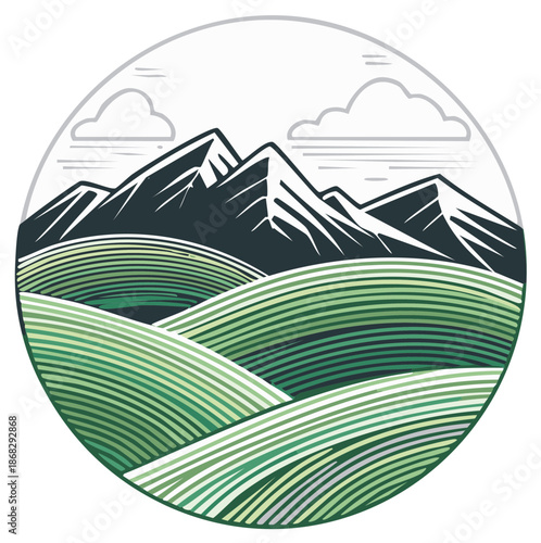 Mountain Range Peaks with Green Field Hills Scenic Landscape Vector Illustration