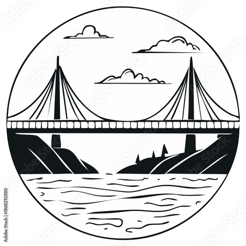 Modern cable-stayed bridge spans a river between two landmasses, with clouds above, rendered in a crisp circular line art.