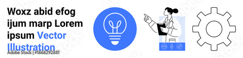 Innovation, healthcare, technology, problem-solving, science, teamwork. Light bulb, female doctor gear. Innovation and healthcare topics highlighted through symbolic visuals