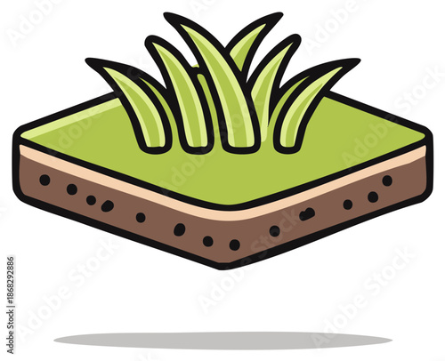 Green grass growing from fertile soil in a cartoon illustration of a raised ground section