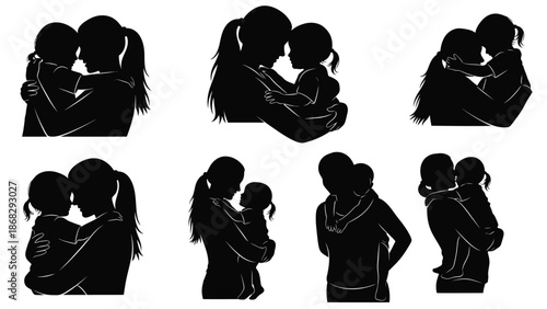 Silhouette illustrations of mothers and children in various tender moments and poses with family and love and affection and embrace and hug
